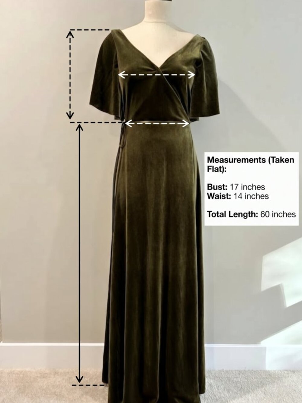 Jenny Yoo Collection Olive Green Velvet Wrap Dress with Flutter Sleeves Size 4 - Picture 4 of 16